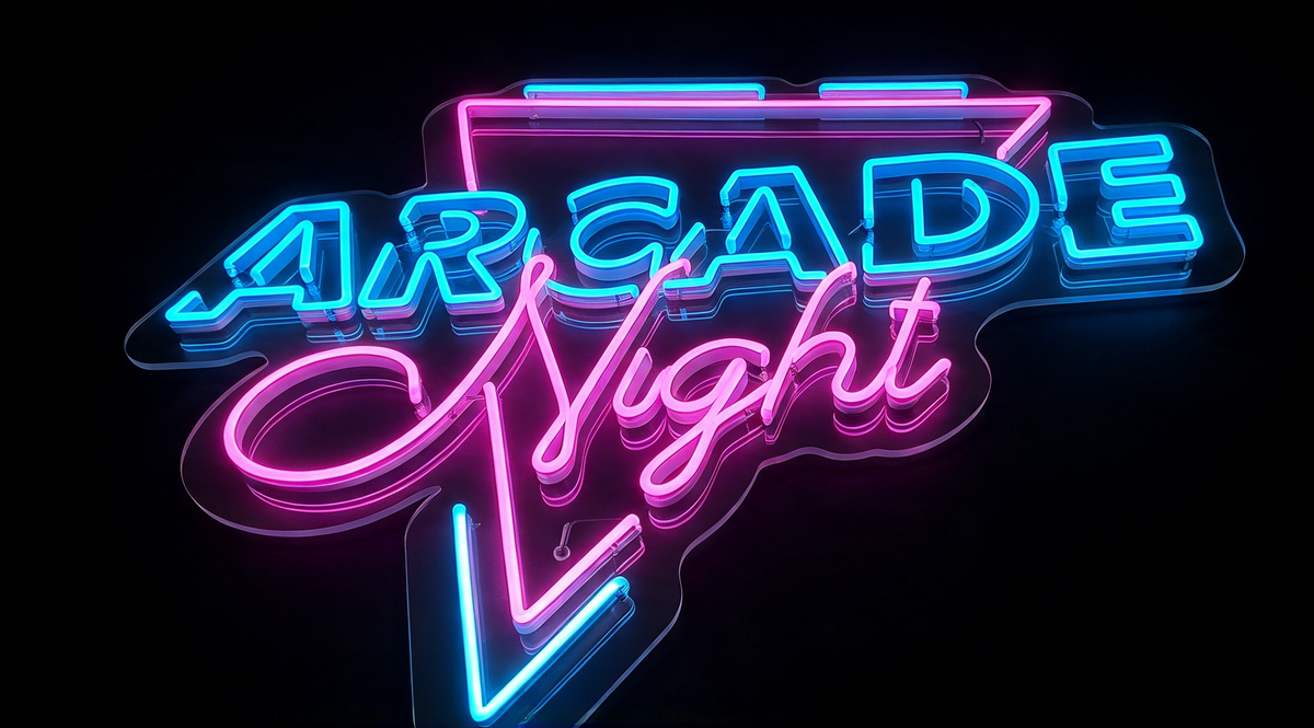 Pink and cyan neon “Arcade Night” sign on a black background.